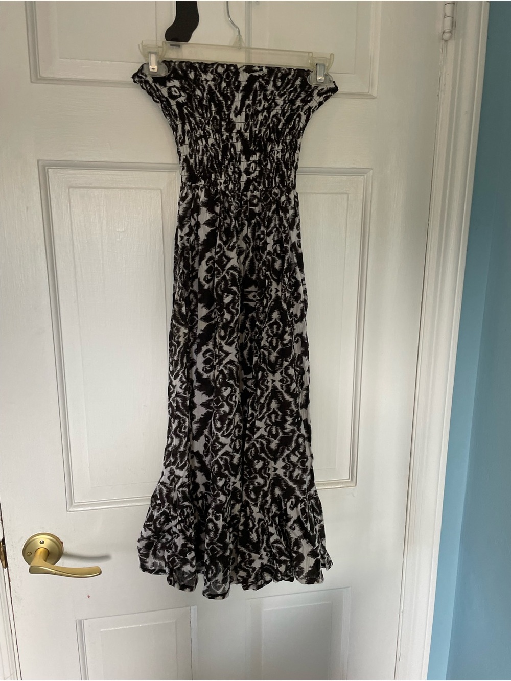 Vintage Joolay Black and White Strapless Smocked Maxi Dress with paisley print